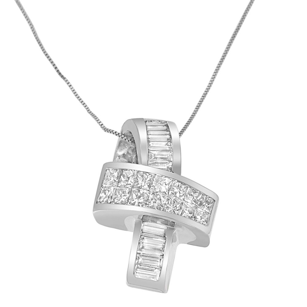 14K White Gold 2 cttw Princess and Baguette Cut Diamond Ribbon Pendant